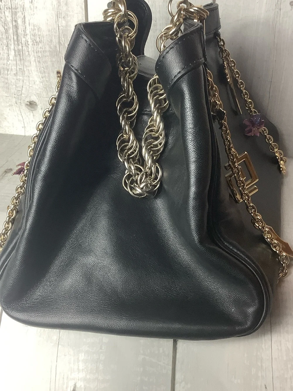 Versace for H&M Black Leather Shoulder Bag with Gold Chain and Charm Accents